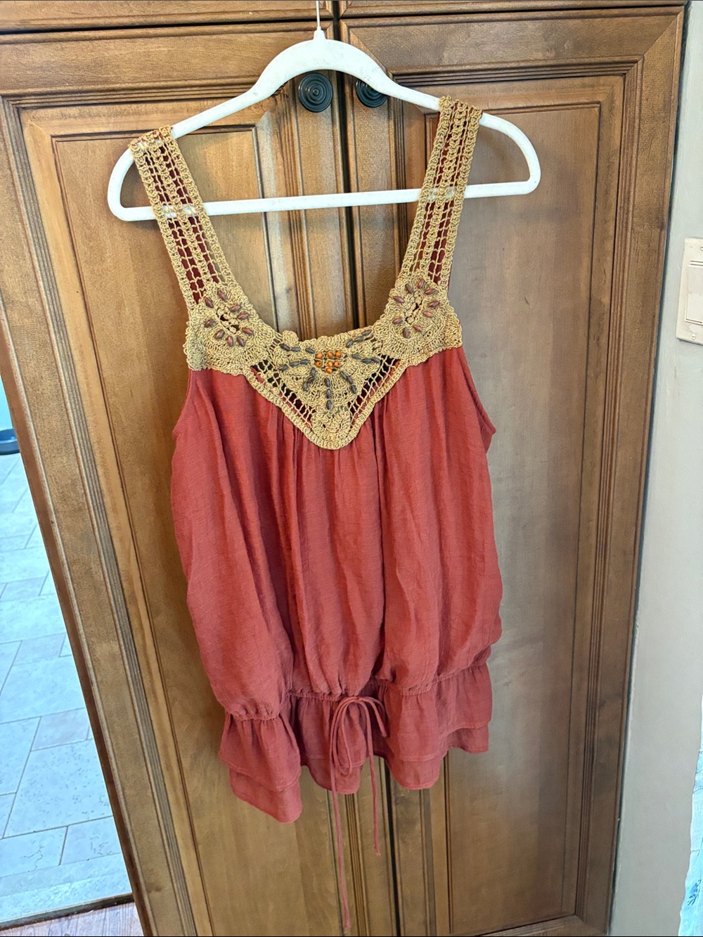 Crochet-Trim Rust Drawstring Camisole